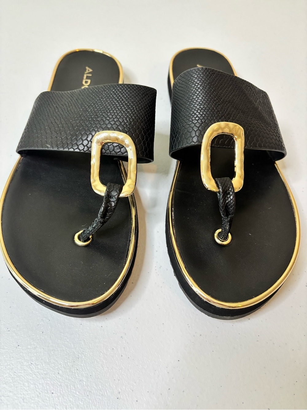 ALDO Black Slide Sandals with Gold Buckle Detail - Picture 3 of 6